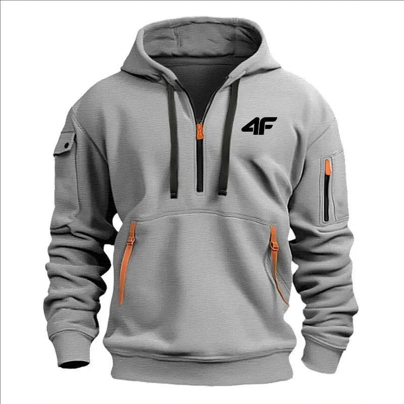 2025 Men's hooded sweater casual sports jumper vintage Harajuku long sleeve zipper multi-pocket casual loose coat Street