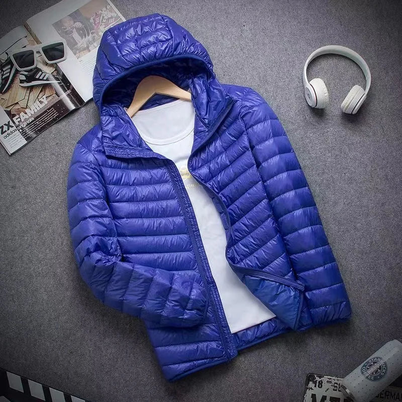 0-10℃ Men's Winter Jacket Ultra Light Duck Down Jackets Portable Hooded Puffer Feather Thin Parkas Windproof Outerwear Coat 5XL