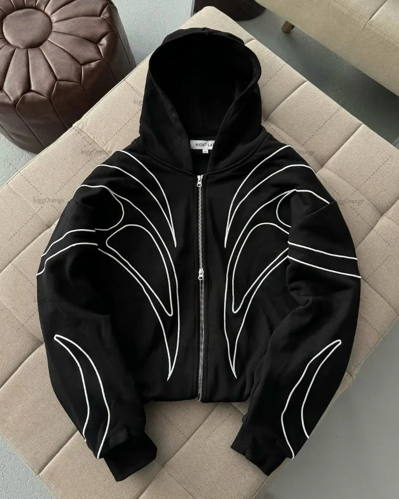 Street Retro Fashion Clothing Striped Embroidered Black Double Zipper Hoodie American Hip-hop Punk Oversized Sweatshirt Men