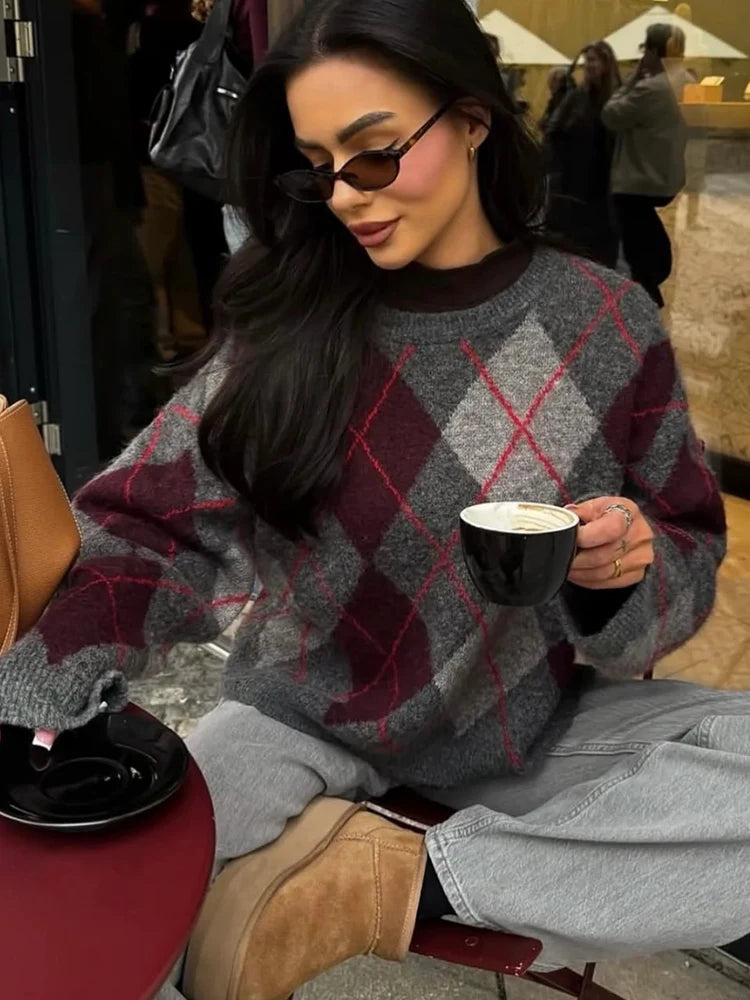 Women's New Plaid Jacquard Knitted Pullover Sweater Woman Round Neck Long Sleeve Loose Sweaters Street Versatile Sweaters