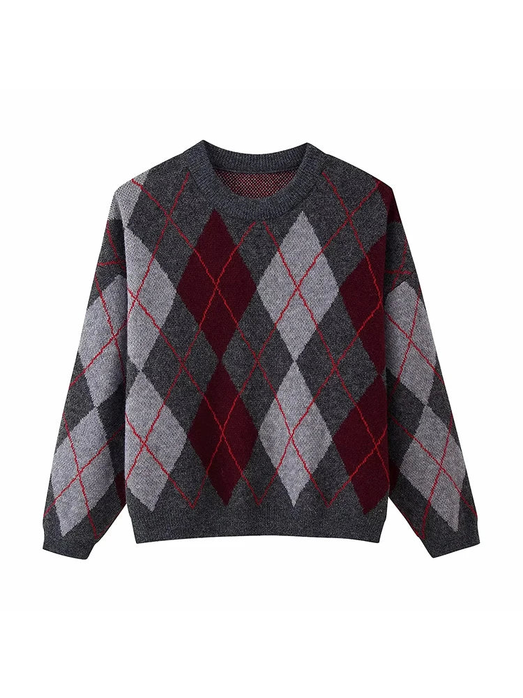 Women's New Plaid Jacquard Knitted Pullover Sweater Woman Round Neck Long Sleeve Loose Sweaters Street Versatile Sweaters