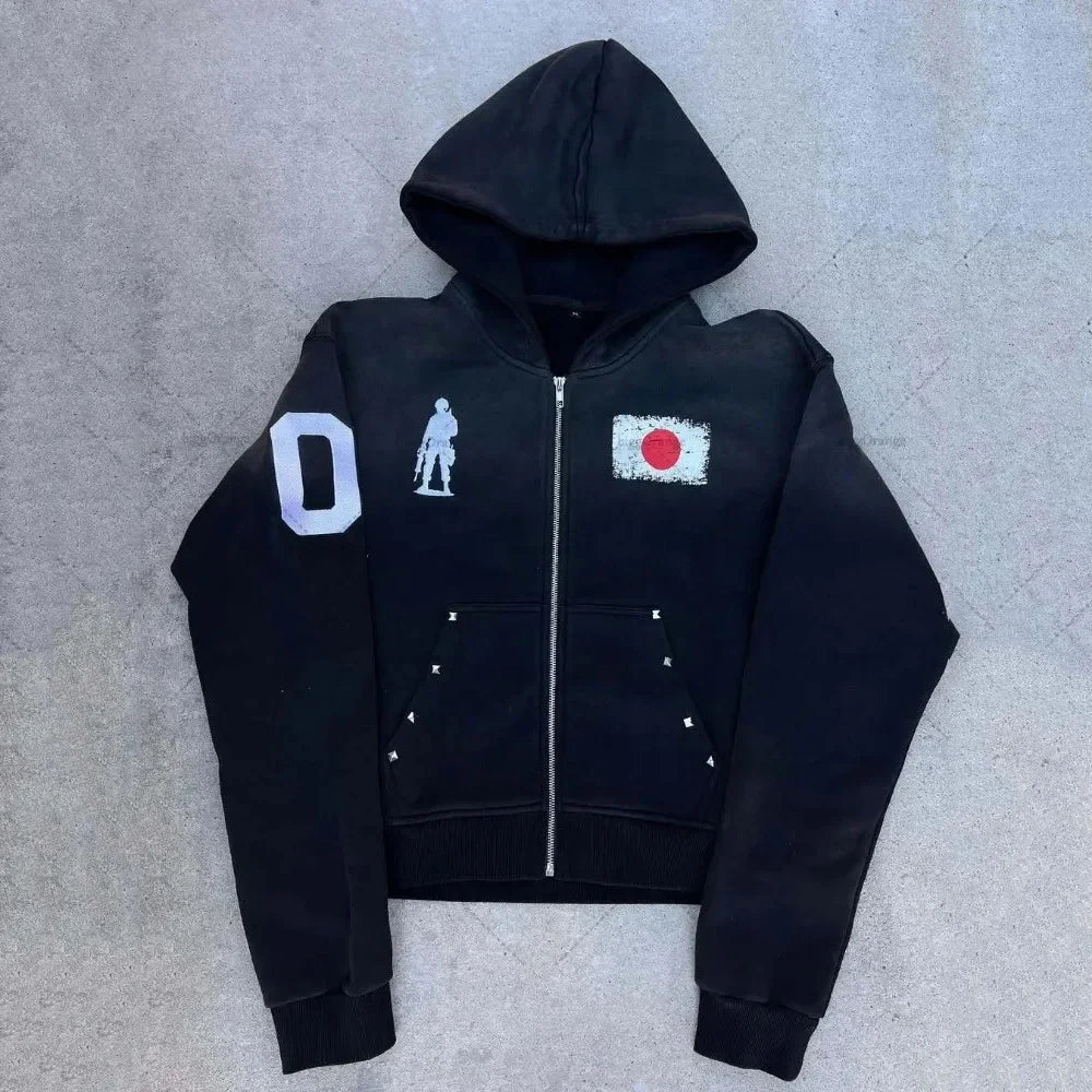 Trendy retro washed embroidered long sleeved shirt, loose and versatile, casual and high-end hooded sweatshirt for men