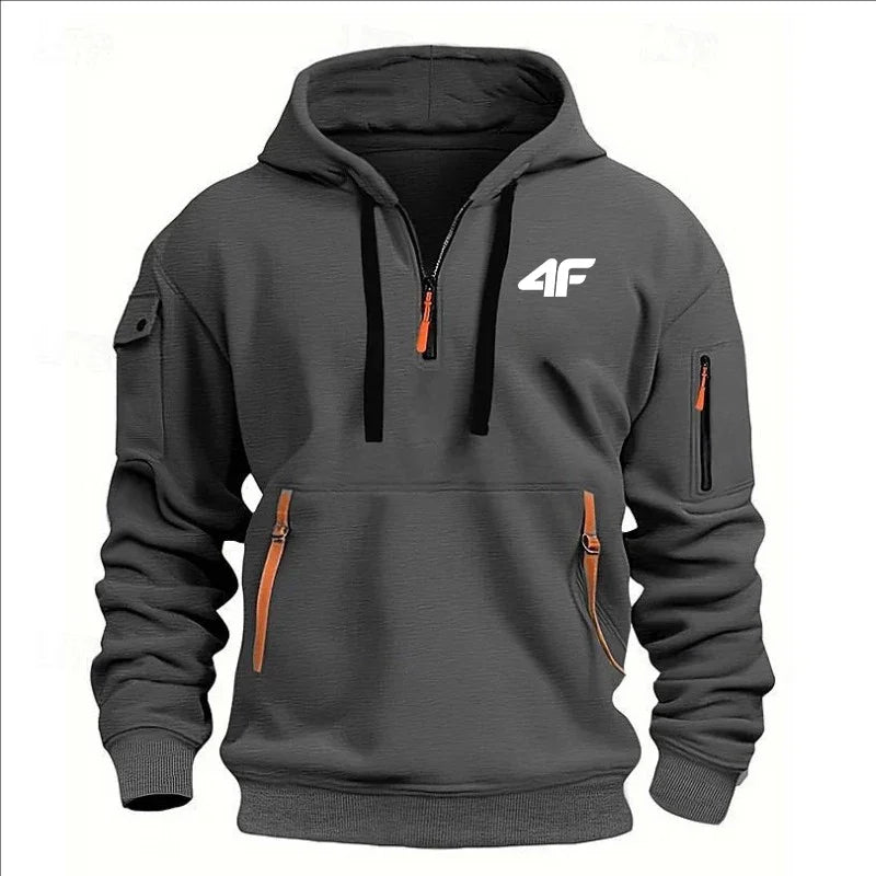 2025 Men's hooded sweater casual sports jumper vintage Harajuku long sleeve zipper multi-pocket casual loose coat Street