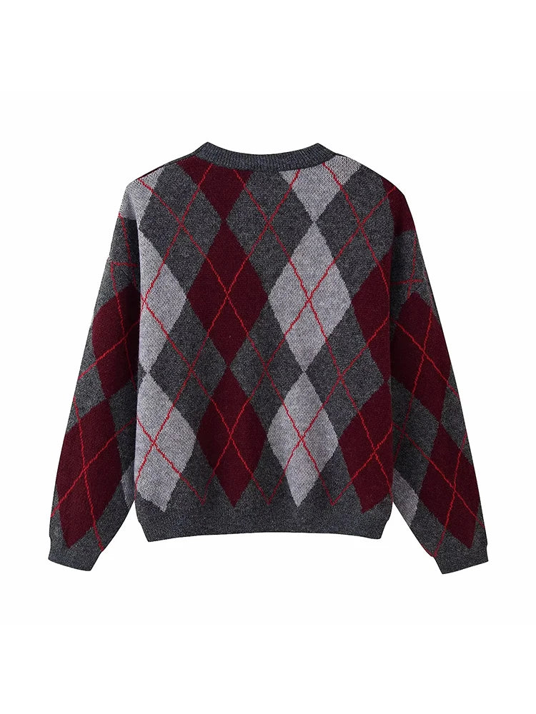 Women's New Plaid Jacquard Knitted Pullover Sweater Woman Round Neck Long Sleeve Loose Sweaters Street Versatile Sweaters