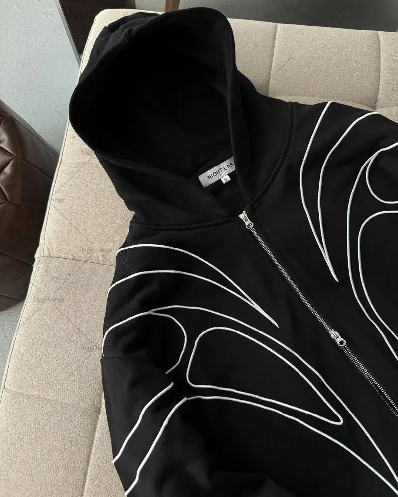Street Retro Fashion Clothing Striped Embroidered Black Double Zipper Hoodie American Hip-hop Punk Oversized Sweatshirt Men
