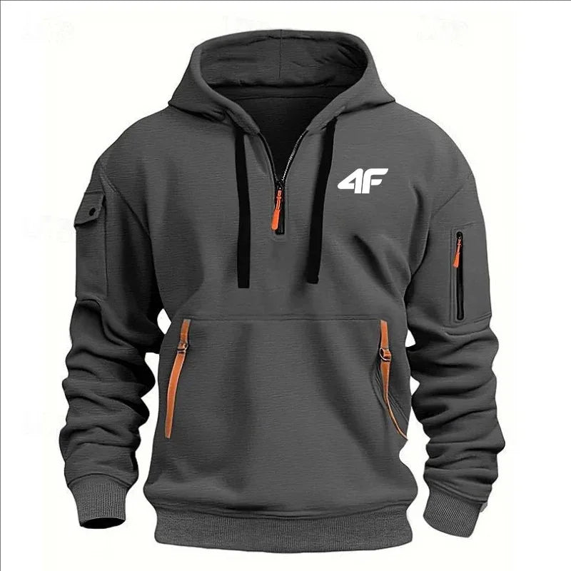 2025 Men's hooded sweater casual sports jumper vintage Harajuku long sleeve zipper multi-pocket casual loose coat Street