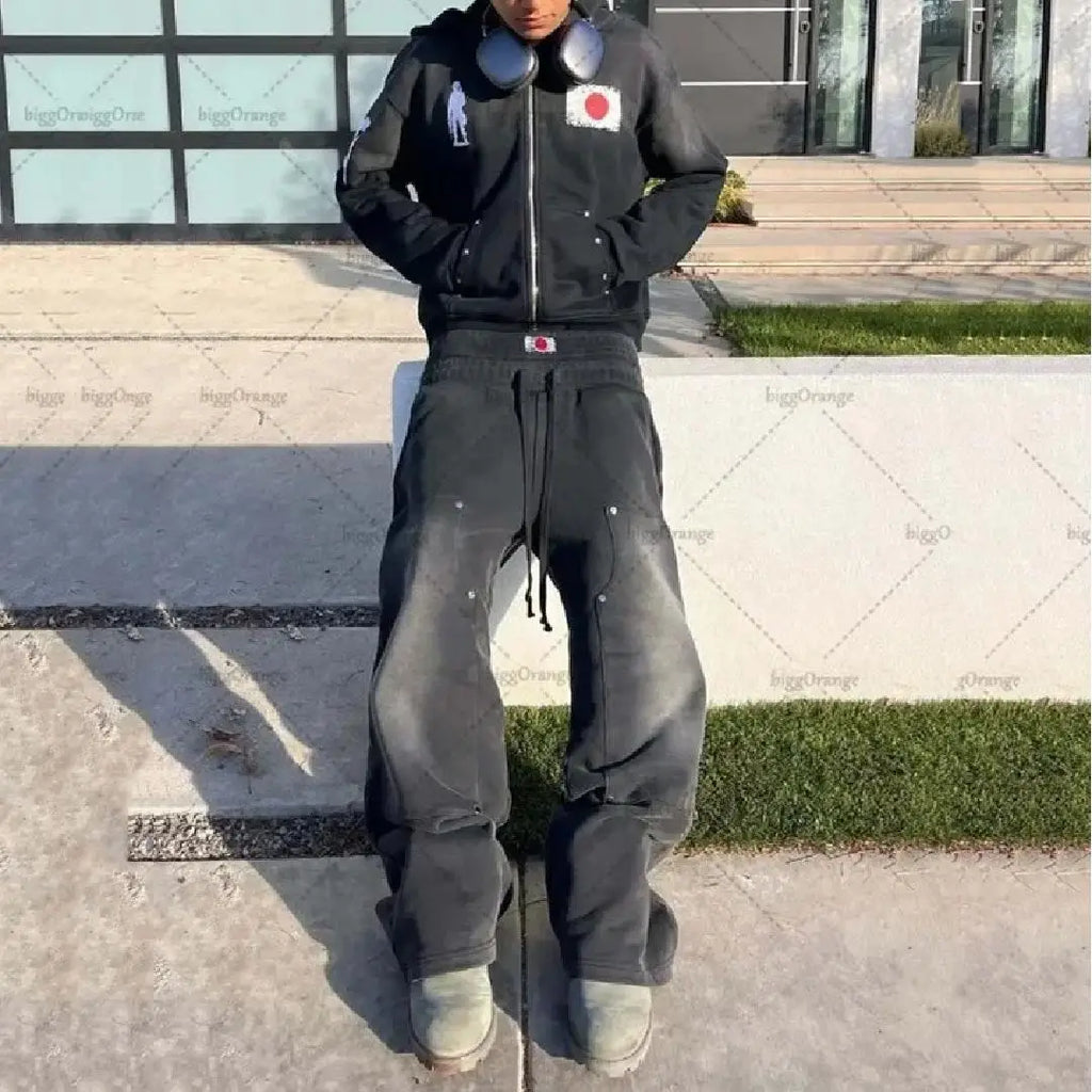 Trendy retro washed embroidered long sleeved shirt, loose and versatile, casual and high-end hooded sweatshirt for men