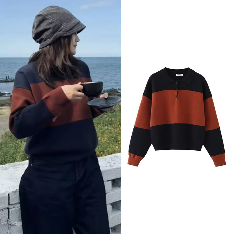 Pullover Sweater Women's Autumn 2025 New Fashion Loose Polo neck Knit Tops Women's Autumn Striped Elegant Warm Youth Sweater