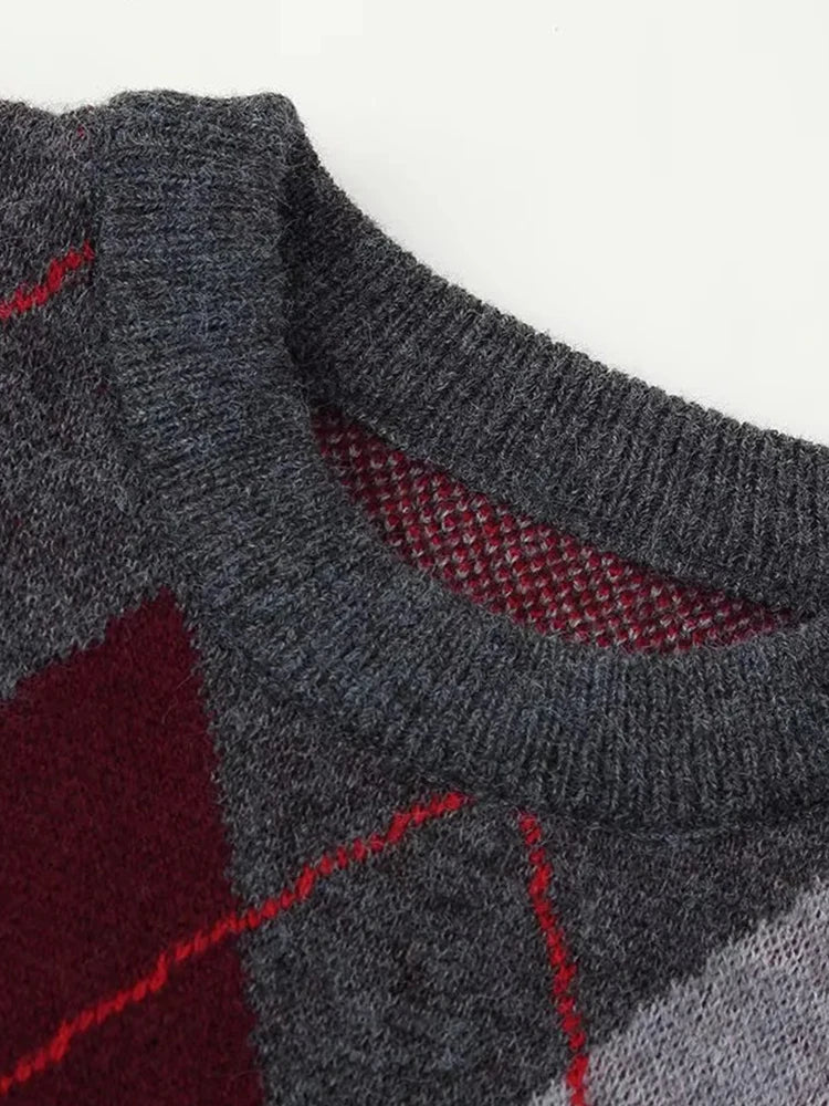 Women's New Plaid Jacquard Knitted Pullover Sweater Woman Round Neck Long Sleeve Loose Sweaters Street Versatile Sweaters