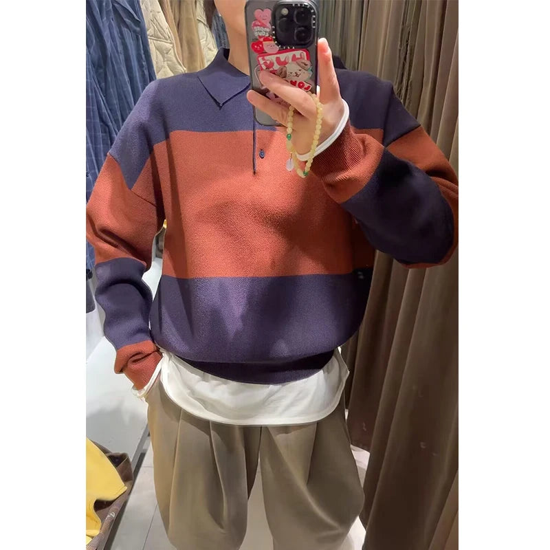 Pullover Sweater Women's Autumn 2025 New Fashion Loose Polo neck Knit Tops Women's Autumn Striped Elegant Warm Youth Sweater