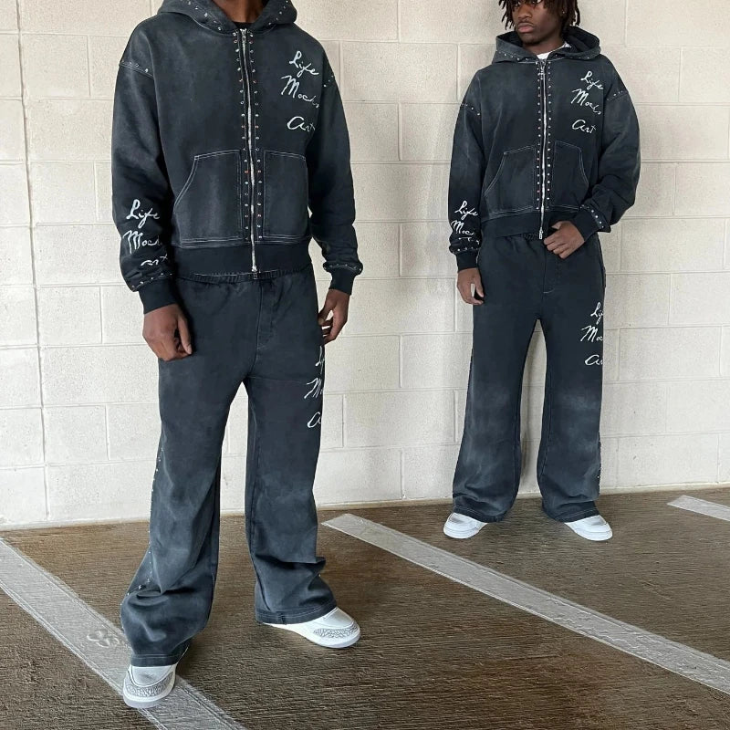 European and American new street style punk hip-hop men's Y2K Gothic Harajuku embroidery design pullover casual sports set