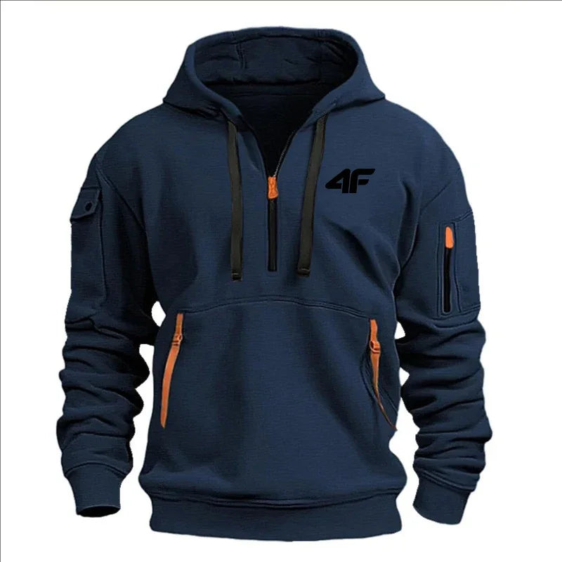 2025 Men's hooded sweater casual sports jumper vintage Harajuku long sleeve zipper multi-pocket casual loose coat Street