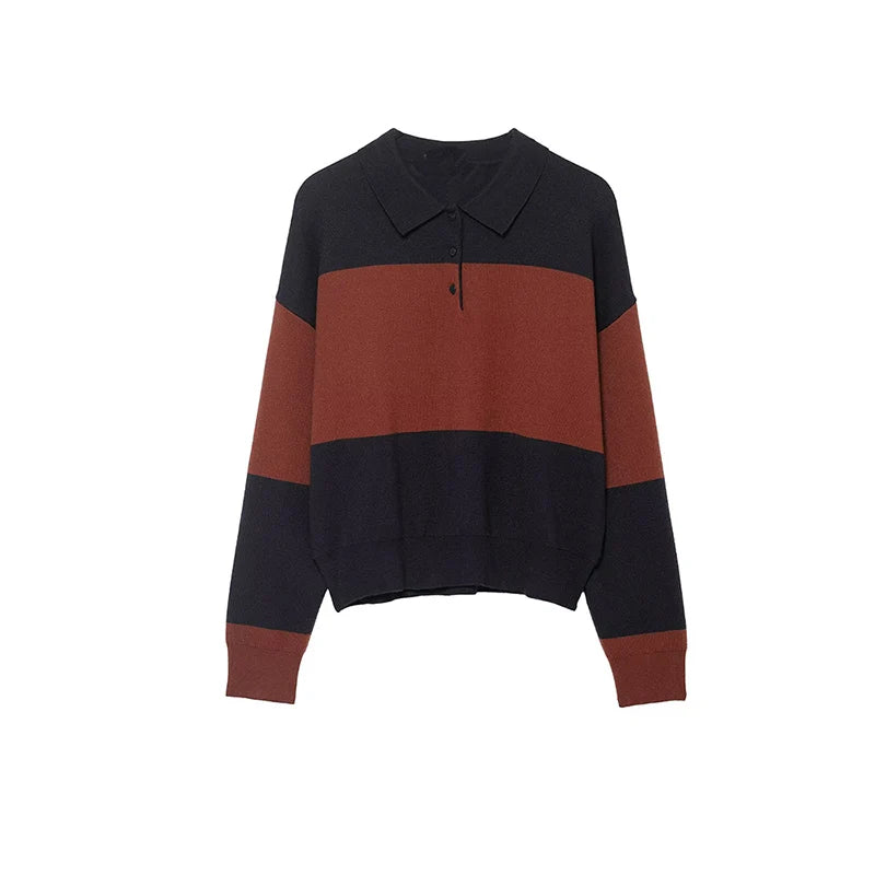 Pullover Sweater Women's Autumn 2025 New Fashion Loose Polo neck Knit Tops Women's Autumn Striped Elegant Warm Youth Sweater