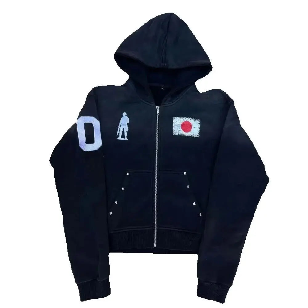 Trendy retro washed embroidered long sleeved shirt, loose and versatile, casual and high-end hooded sweatshirt for men