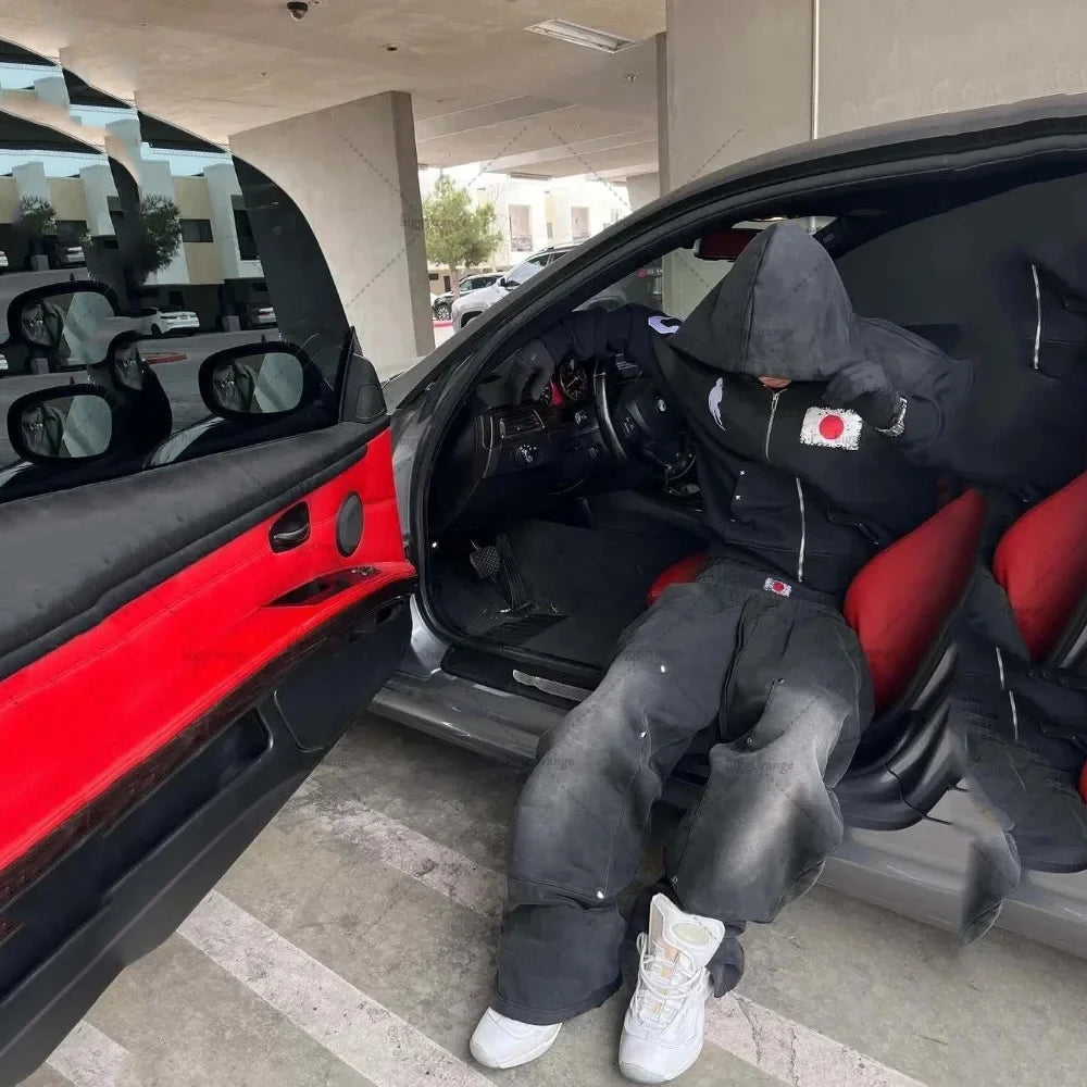 Trendy retro washed embroidered long sleeved shirt, loose and versatile, casual and high-end hooded sweatshirt for men