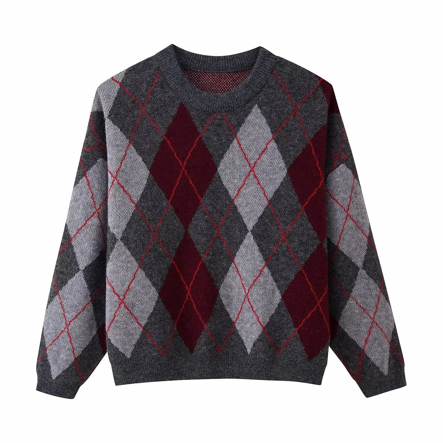 Women's New Plaid Jacquard Knitted Pullover Sweater Woman Round Neck Long Sleeve Loose Sweaters Street Versatile Sweaters