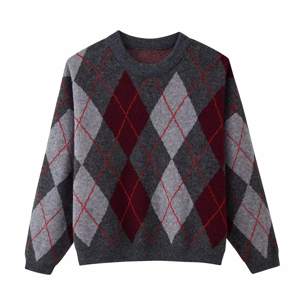 Women's New Plaid Jacquard Knitted Pullover Sweater Woman Round Neck Long Sleeve Loose Sweaters Street Versatile Sweaters